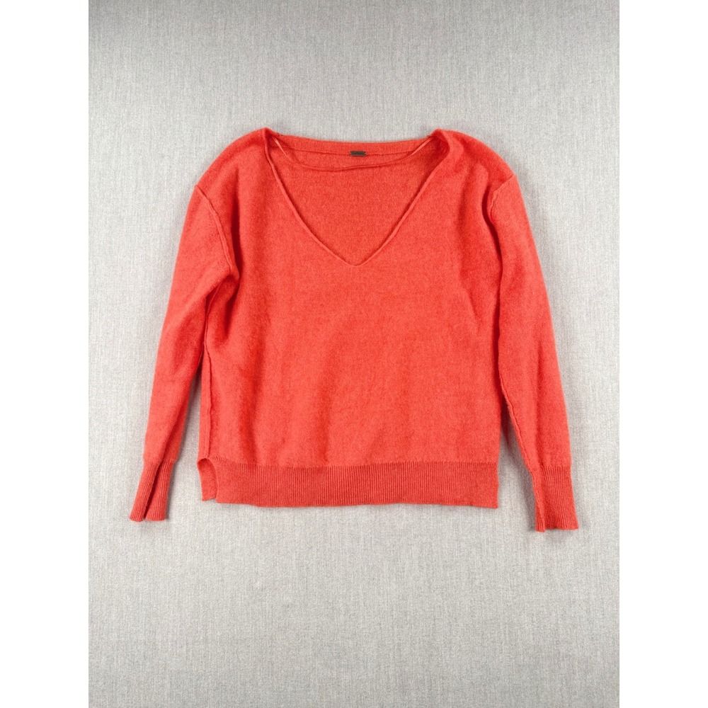 Free People Womens XS Coral Orange V-Neck Knit Sweater Long Sleeve Relaxed Fit